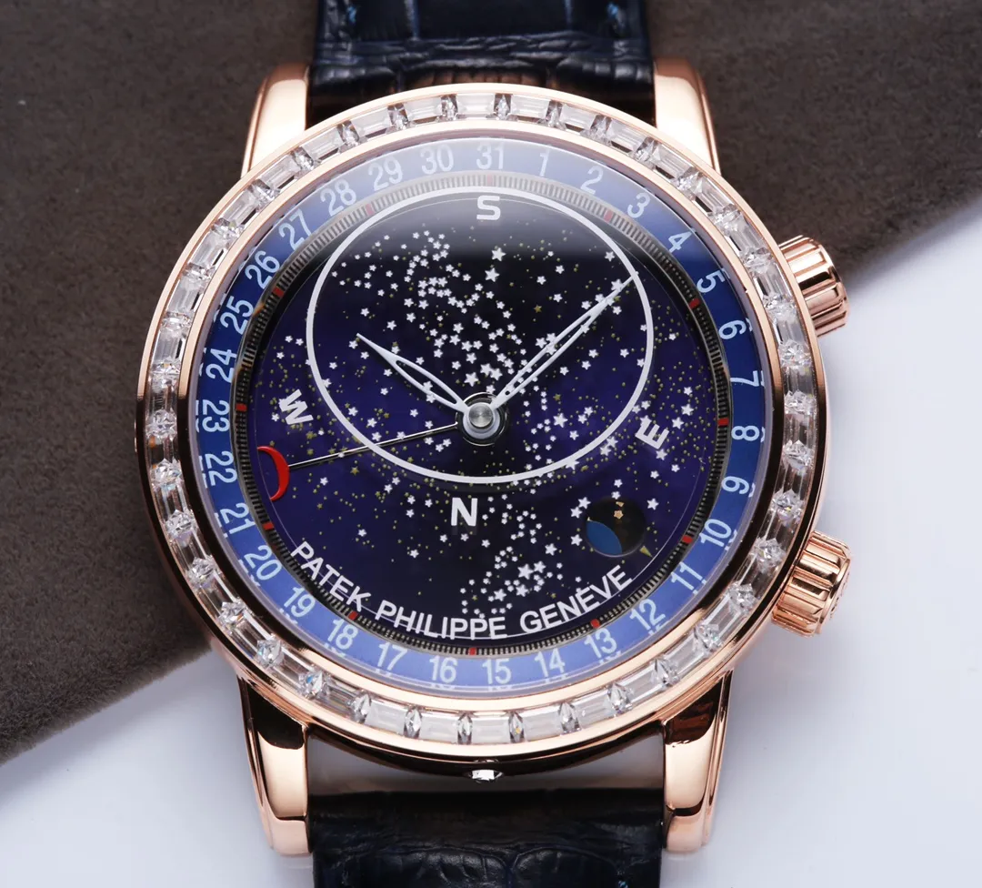 【High-end replica】💰1720! 【Top replica】💰4500! Patek Philippe Starry Sky upgraded and revised version V3 is officially launched. This version corrects the "clockwise" calendar direction consistent with the official version, adds a diamond-set version of the buckle, and tool-free disassembly and assembly of the belt. Text: Patek Philippe 6102 | 6104 Super Complication Series/Geneva Sky Series, have you ever imagined wearing the starry sky on your wrist? This starry sky watch has a unique astrological function. You can enjoy the Geneva sky map on the dial. The blue letters are matched with the 18K real gold-plated moon phase, which is consistent with the original. The black letters are matched with the enamel white moon phase, which is consistent with the original. It took 30 months to carefully build. It uses the original imported Miyota fully automatic mechanical movement modified 324S. The 6 o'clock position on the side of the case It uses imported Swarovski natural rhinestones and an original 18K gold automatic hammer. The moon on the dial will automatically change according to the full moon and eclipse of the moon in the sky. The glass is processed with advanced technology. The micro-arch shape allows the glass to refract light and have a stronger three-dimensional effect, making the dial look more transparent. Men’s ultimate dream is to have the king of watches in hand. Nothing else! (Focus on original new machines) Focus is an attitude, produced by JH!